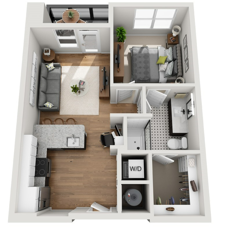 Floor plan for 1 bed, 1 bath, 632 sqft